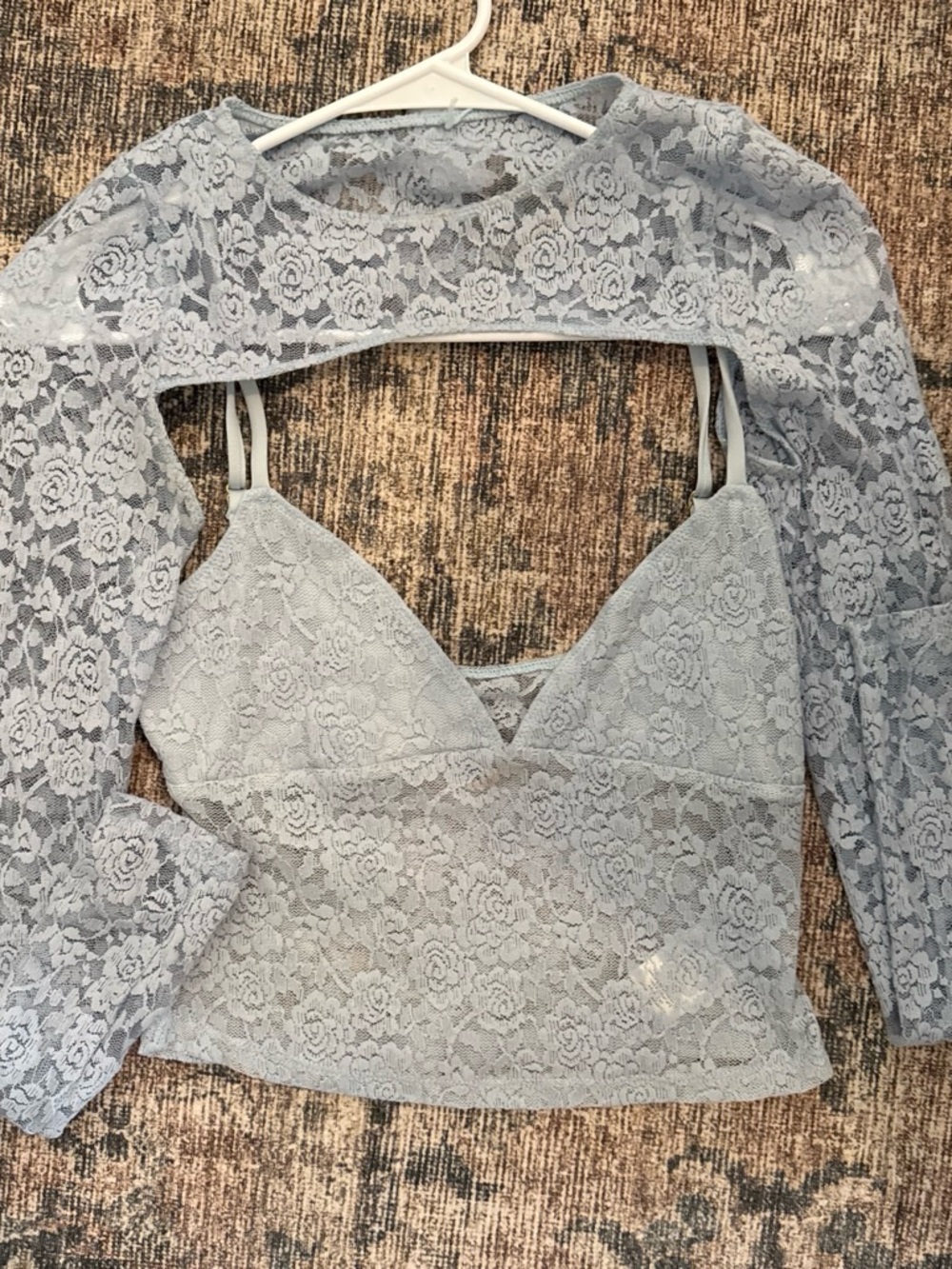Beginning Boutique Light Blue Lace Long Sleeve Crop Top